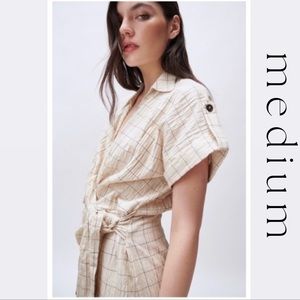 NWT Zara wrap midi dress in cream windowpane print sz M